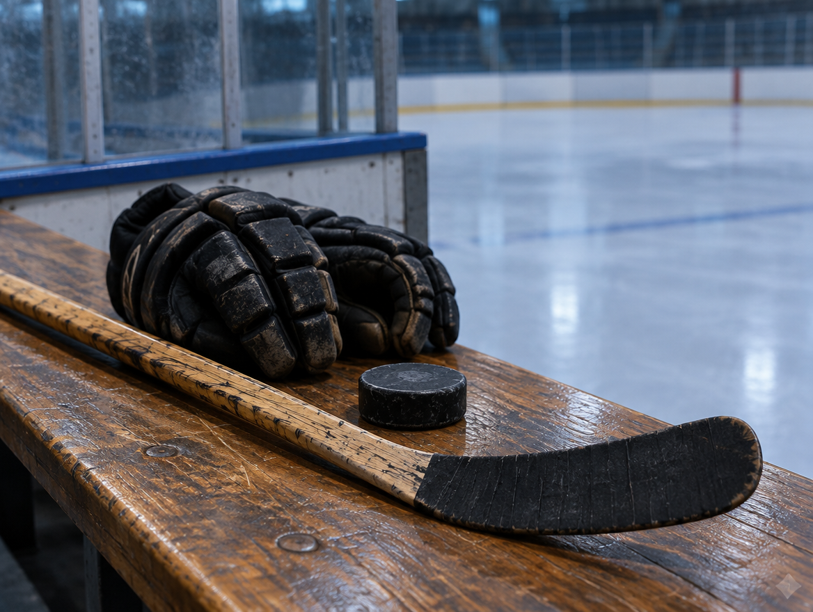 Eishockeyschläger, Puck und abgenutzte Handschuhe auf einer Holzbank am Rand einer Eisfläche