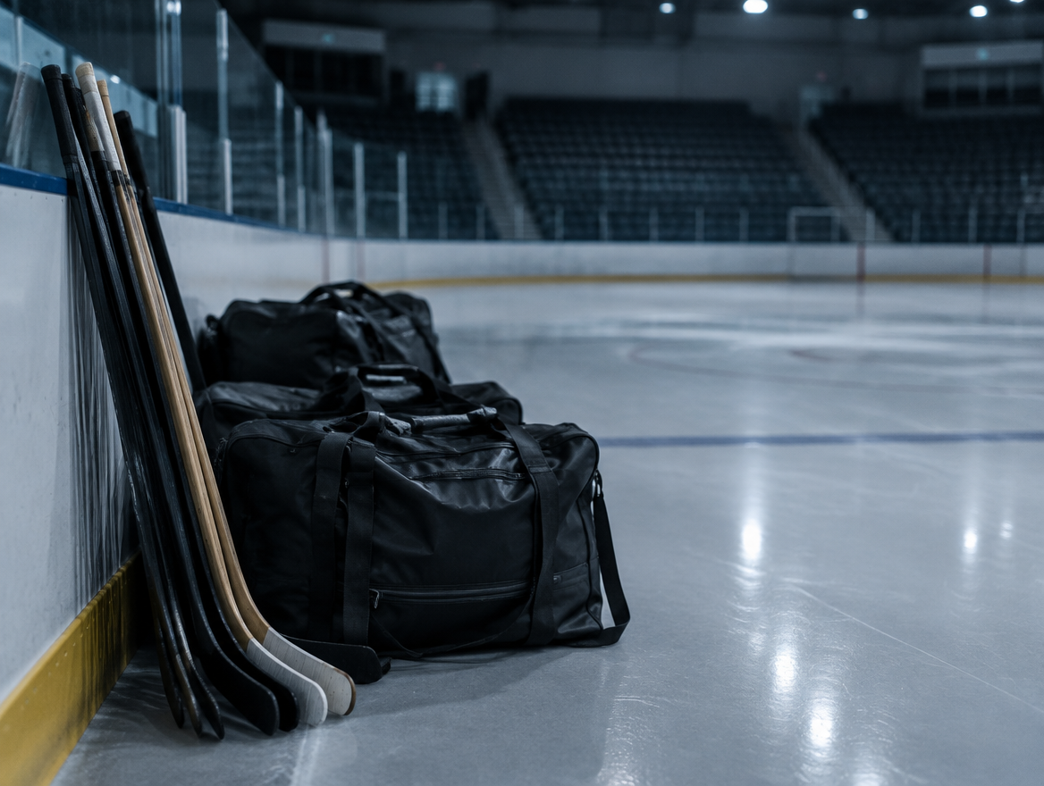 Gepackte Eishockey-Ausrüstungstaschen und Schläger an der Bande einer leeren Eishalle