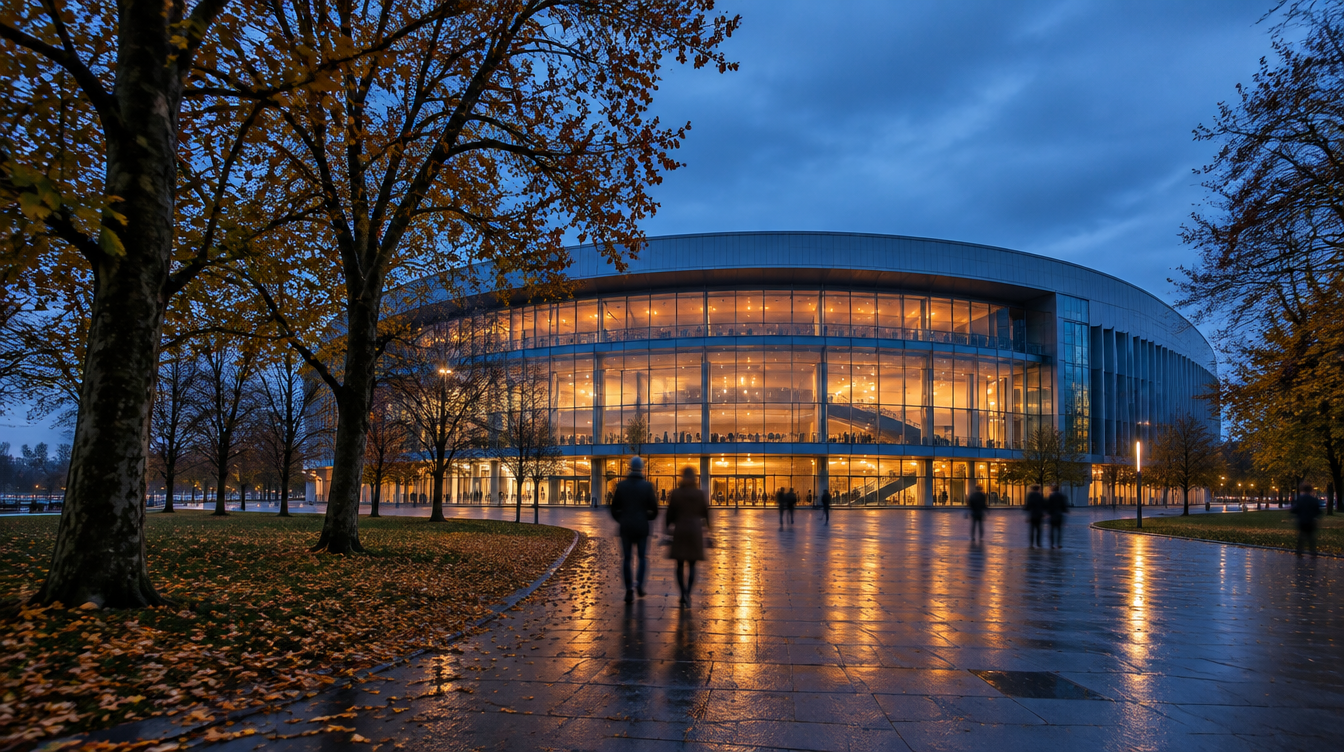 Moderne Mehrzweckarena am Abend mit beleuchteter Glasfassade, Bäume eines Parks im Vordergrund, Besucher als unscharfe Silhouetten
