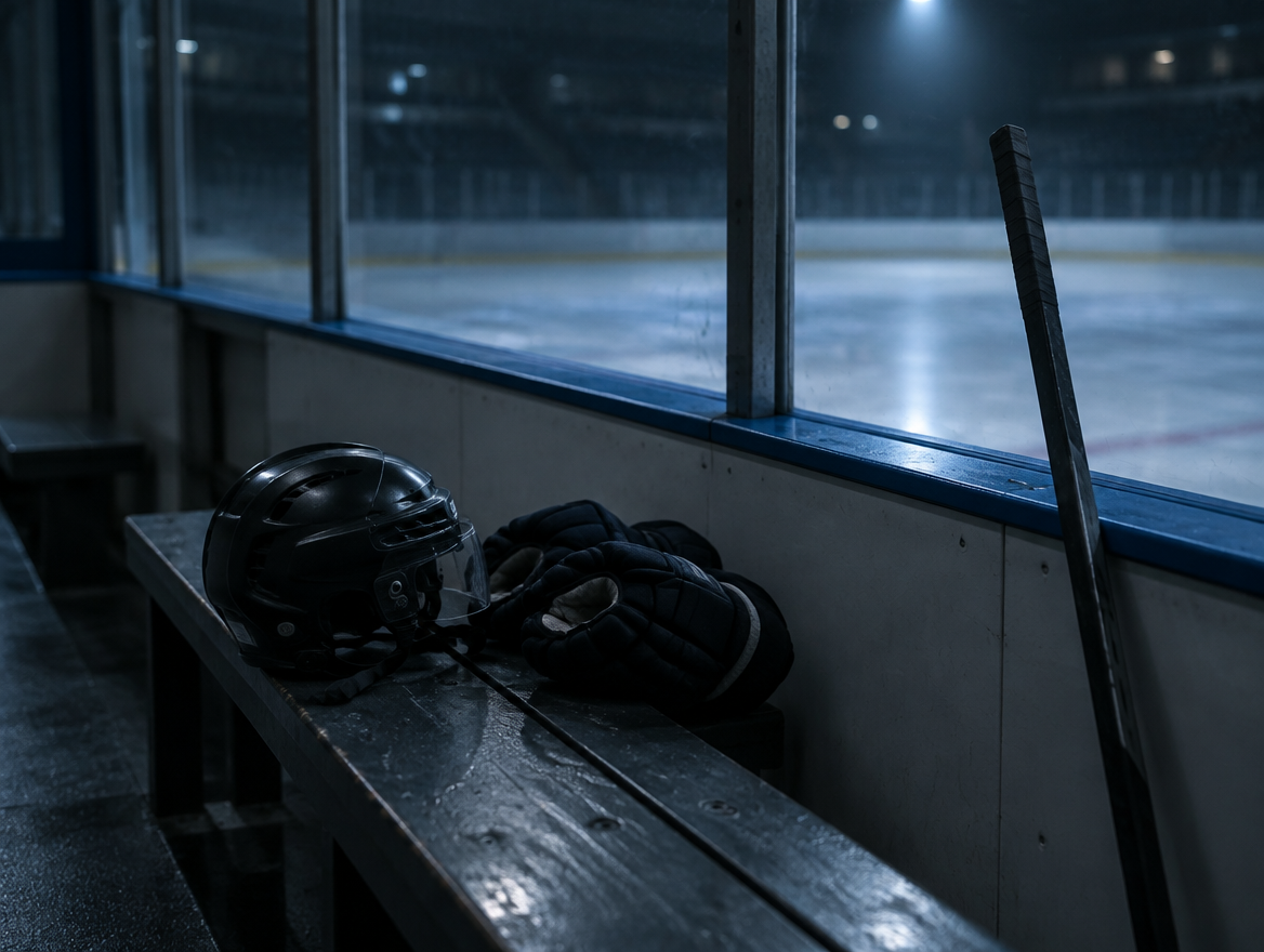 Leere Spielerbank in einer Eishalle mit abgelegtem Helm und Handschuhen, gedämpftes Licht