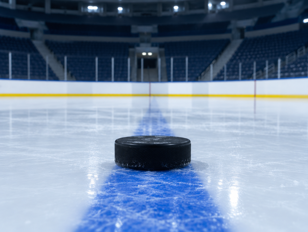 Puck an der blauen Linie auf einer frisch gezogenen Eisfläche in einer leeren Halle
