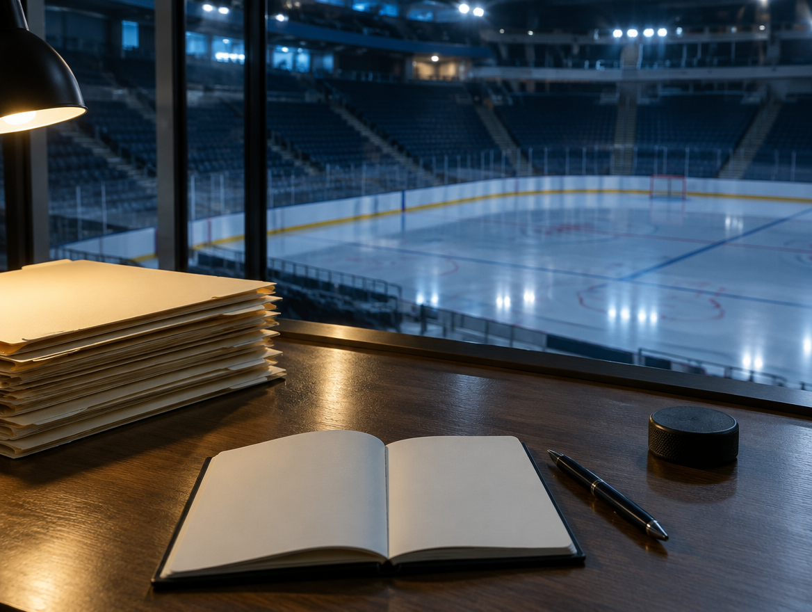 Schreibtisch mit Spielerakten, Kugelschreiber und Eishockeypuck vor einer Glasscheibe zur leeren Eisfläche
