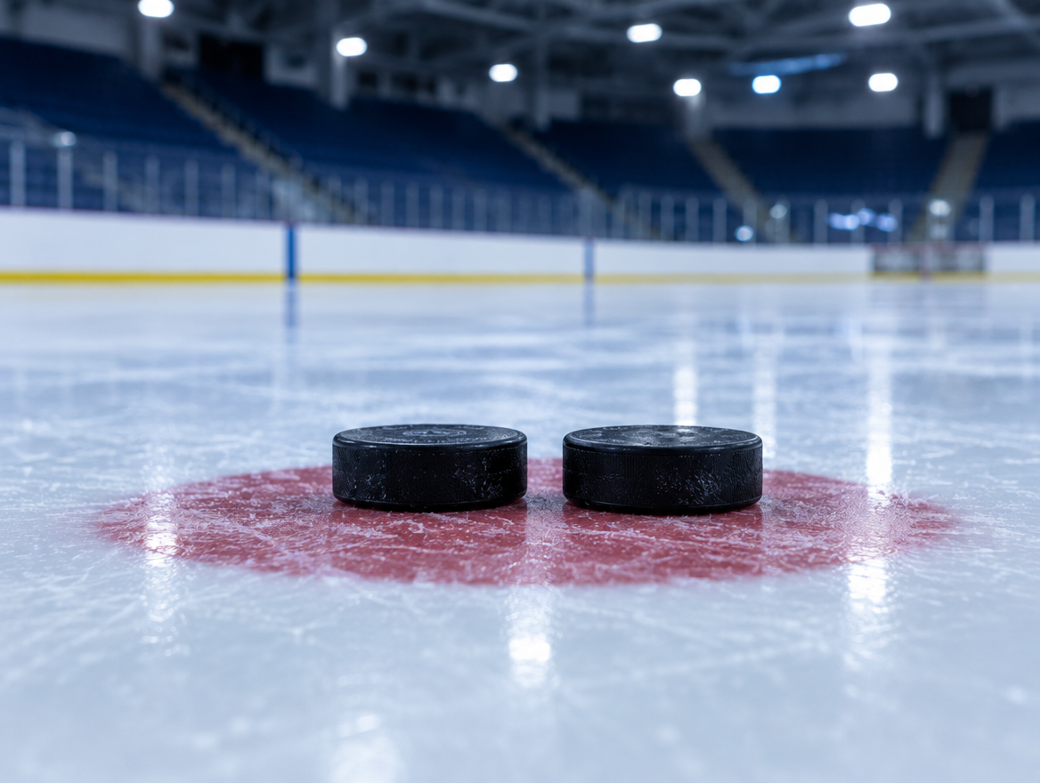 Zwei Pucks liegen nebeneinander auf dem Bullypunkt einer frisch gezogenen Eisfläche in einer leeren Halle