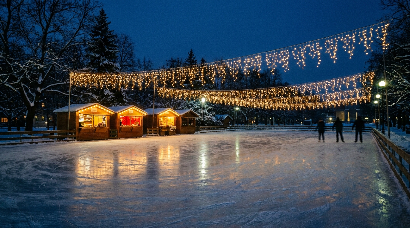 Eisbahn unter freiem Himmel am Abend mit Lichterketten und warm beleuchteten Holzbuden am Rand, Symbolbild