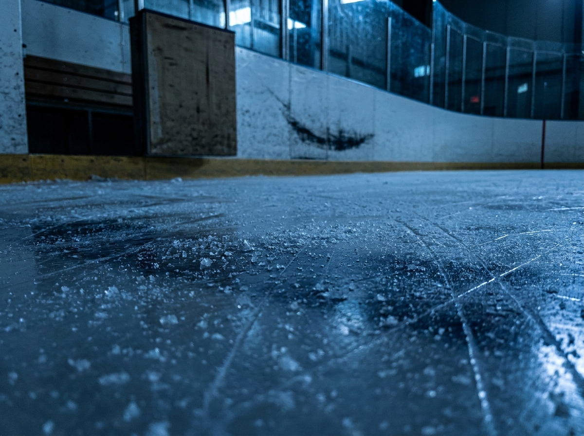 Zerkratzte Eisfläche nach dem letzten Spiel vor geschlossener Spielerbank in gedämpftem blauen Licht