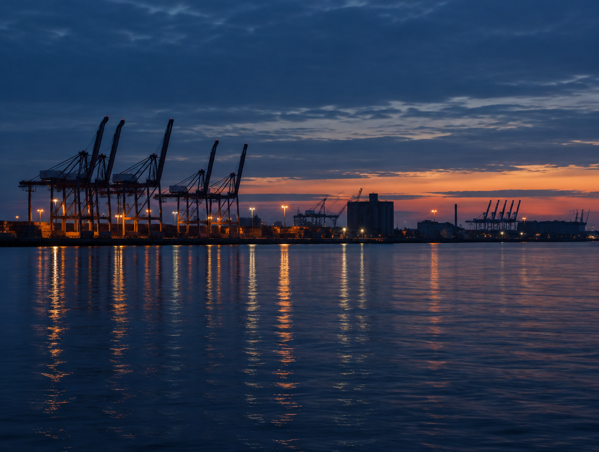 Hamburger Hafen mit Elbe und Kränen in der Abenddämmerung, im Vordergrund ruhiges Wasser