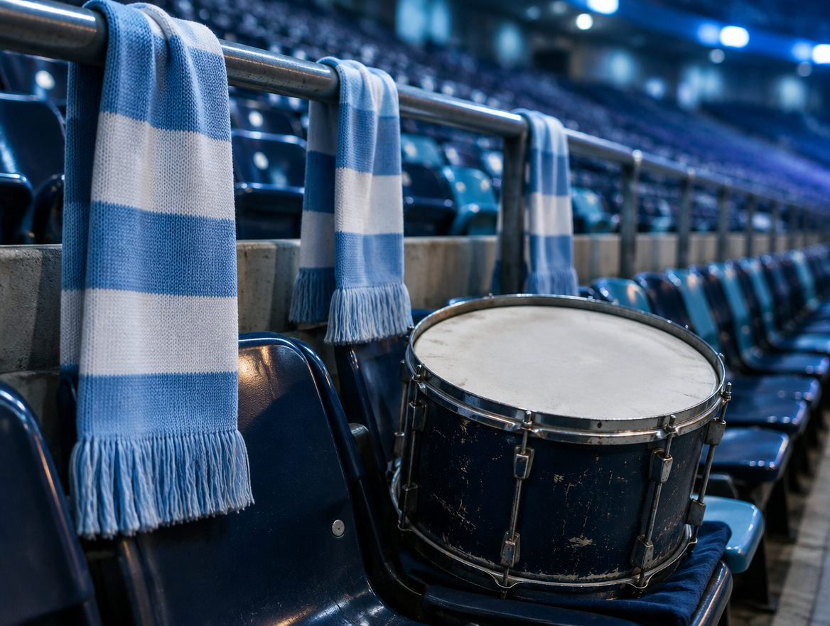 Blau-weiße Schals ohne Logo hängen über der Brüstung einer leeren Eishallen-Tribüne, davor eine Trommel