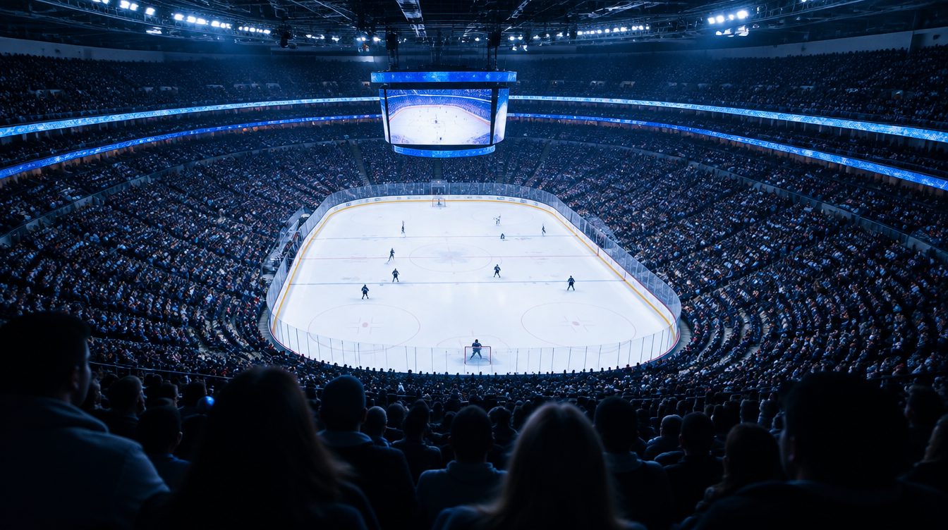 Gefüllte Eishockeyhalle mit Blick von der Tribüne auf die Eisfläche am Abend