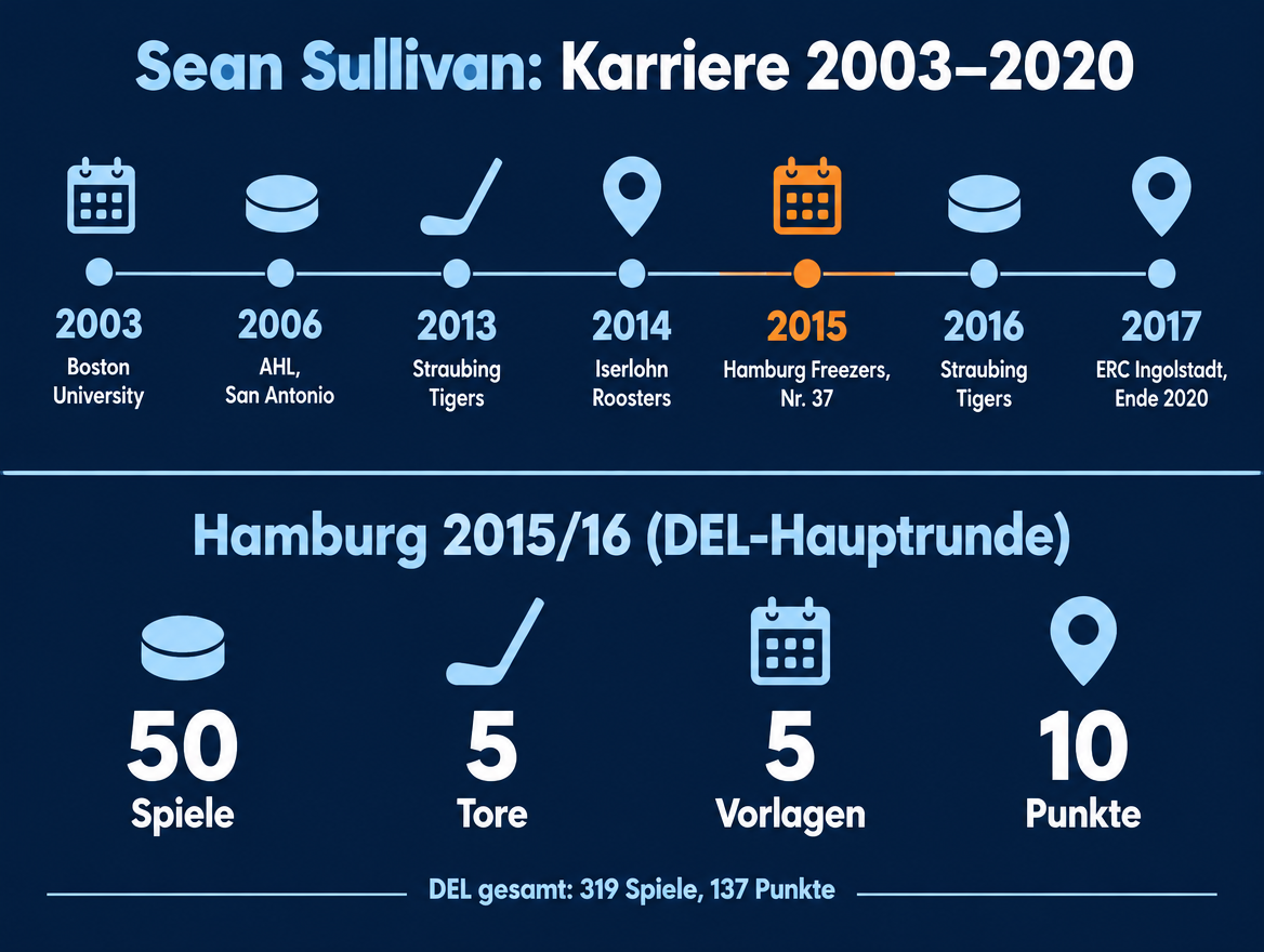 Infografik zur Karriere von Sean Sullivan mit Zeitstrahl von 2003 bis 2020 und seinen Zahlen aus der Hamburger Saison 2015/16