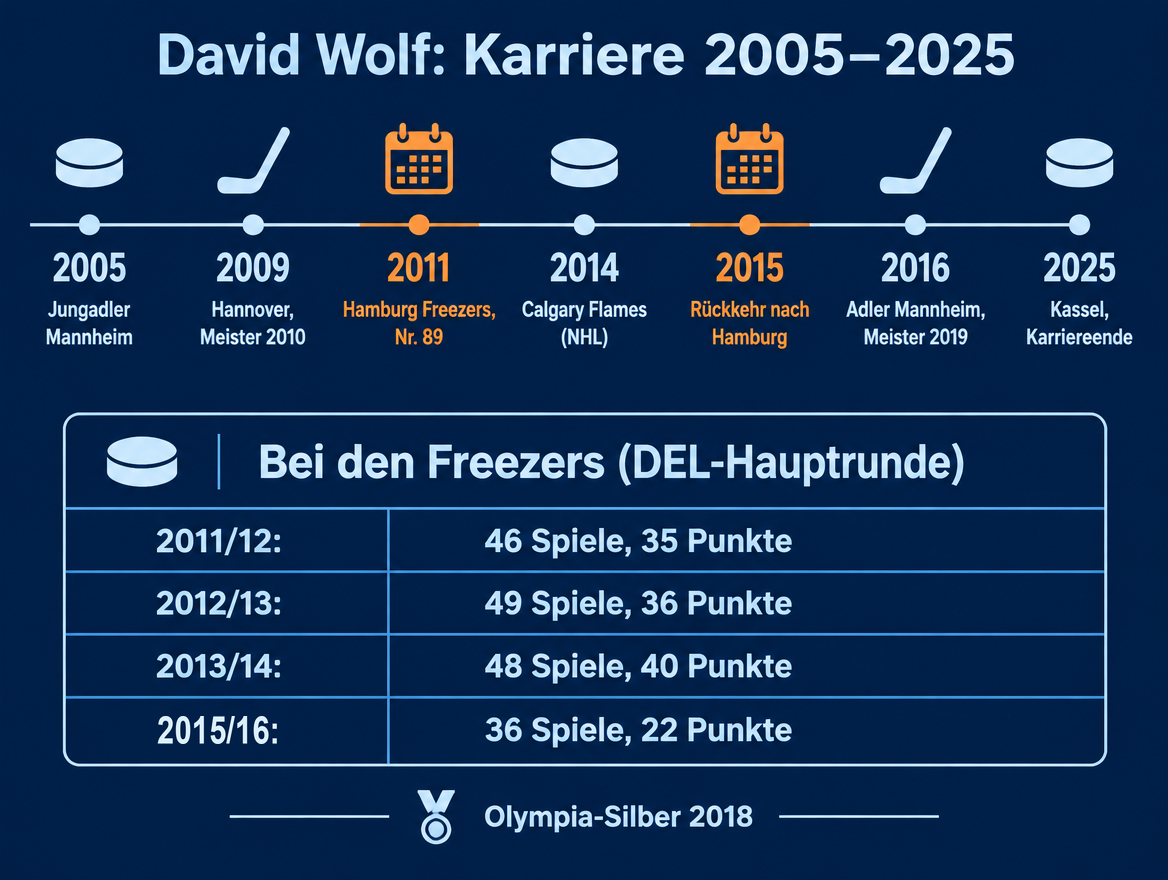 Infografik zur Karriere des Stürmers mit Zeitstrahl von 2005 bis 2025 und Statistik der Freezers-Jahre