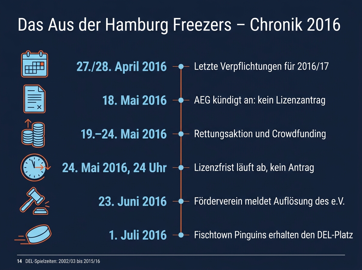 Infografik: Chronik der Auflösung der Hamburg Freezers von April bis Juli 2016 mit den wichtigsten Daten