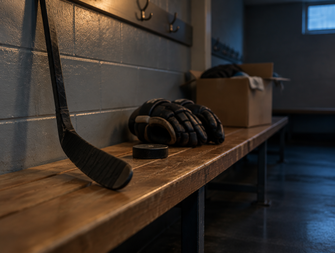 Eishockeyschläger mit schwarzem Tape, ein Puck und Handschuhe auf einer Holzbank in einer leeren Kabine