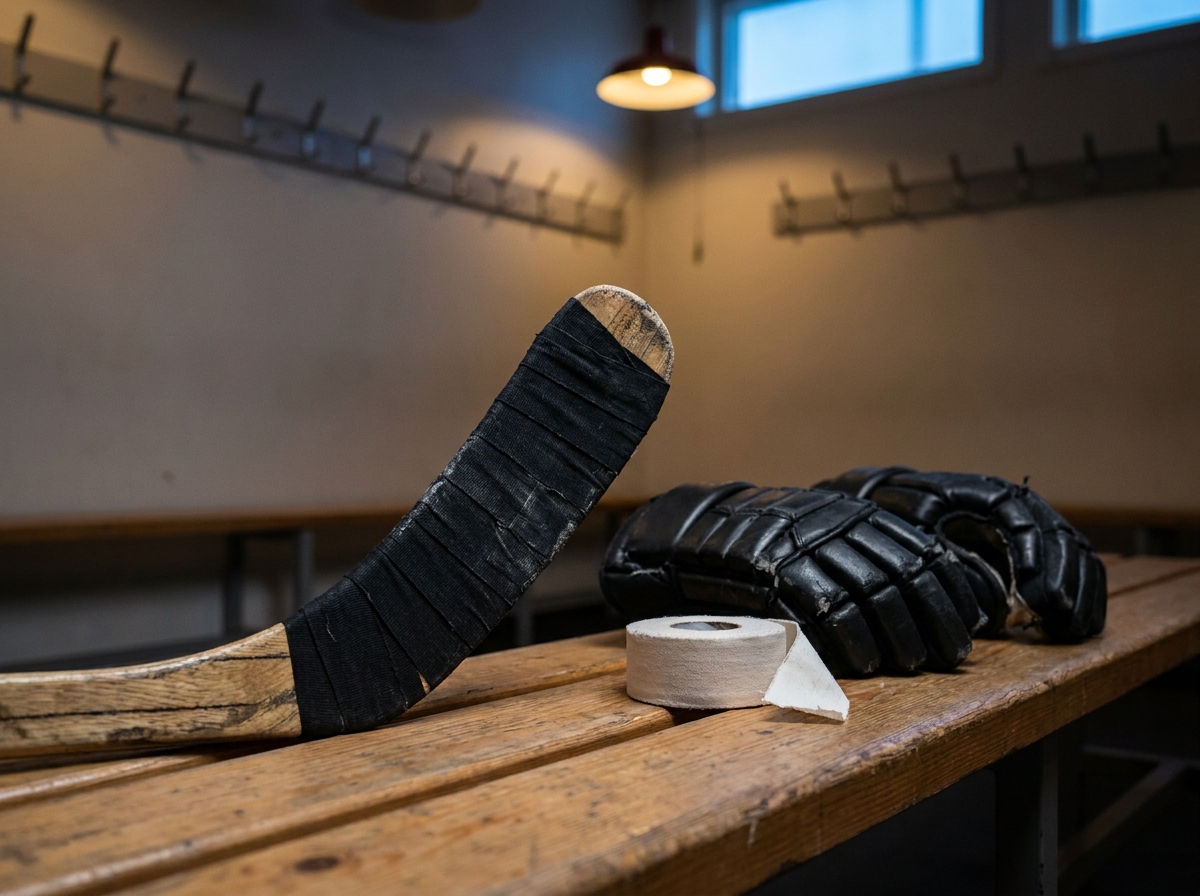 Eishockeyschläger mit schwarzem Tape und ein Paar Handschuhe auf einer Holzbank in einer leeren Umkleide