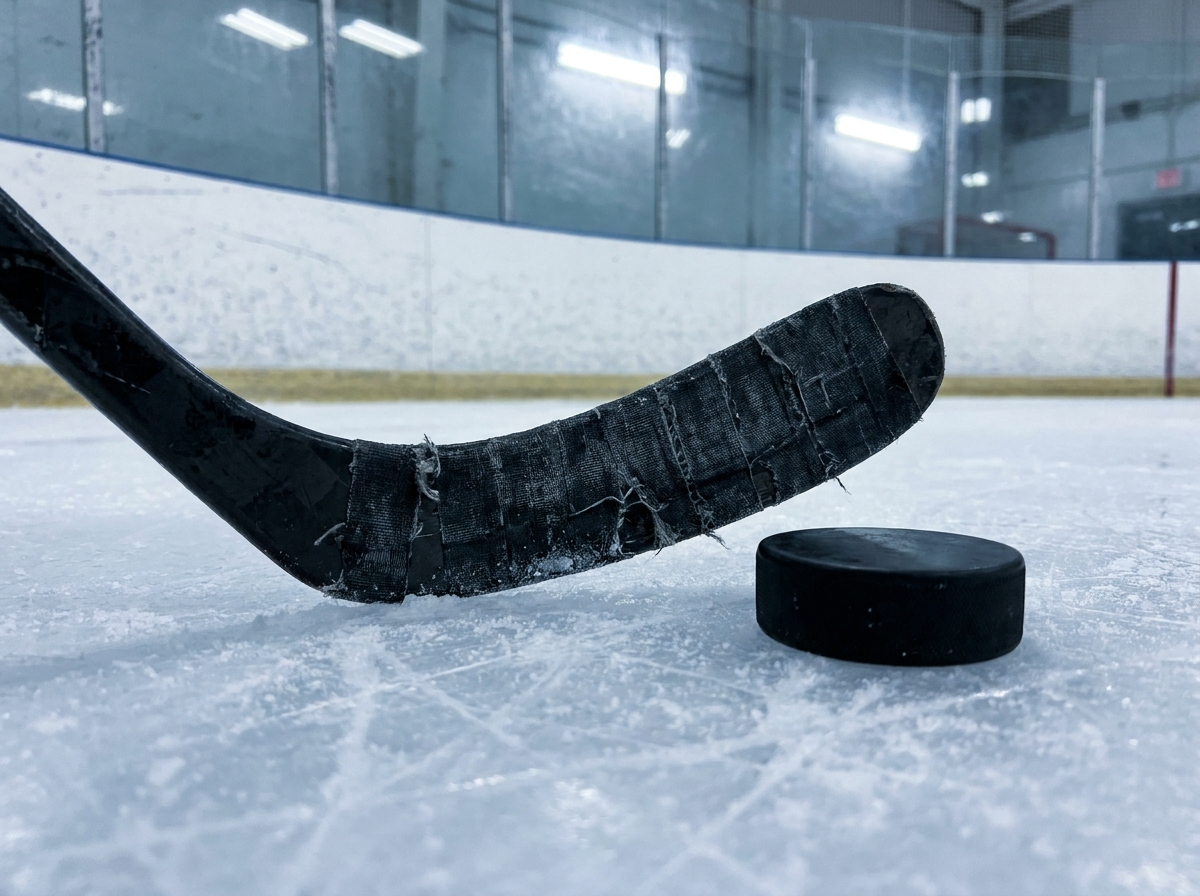 Eishockeyschläger und Puck auf zerkratztem Eis vor der Bande einer Arena
