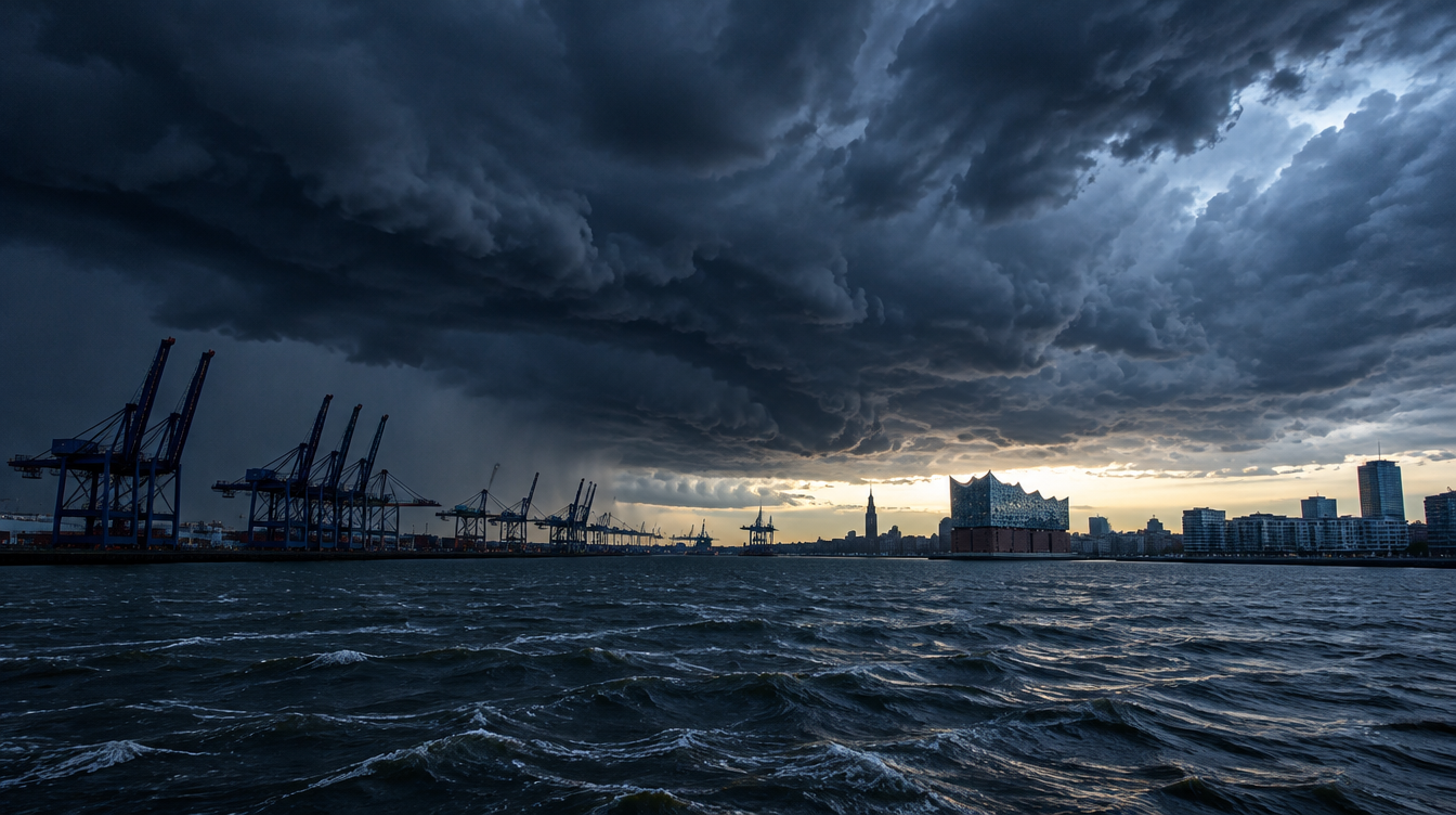Dunkle Sturmwolken über dem Hamburger Hafen an der Elbe mit Containerkränen am Horizont