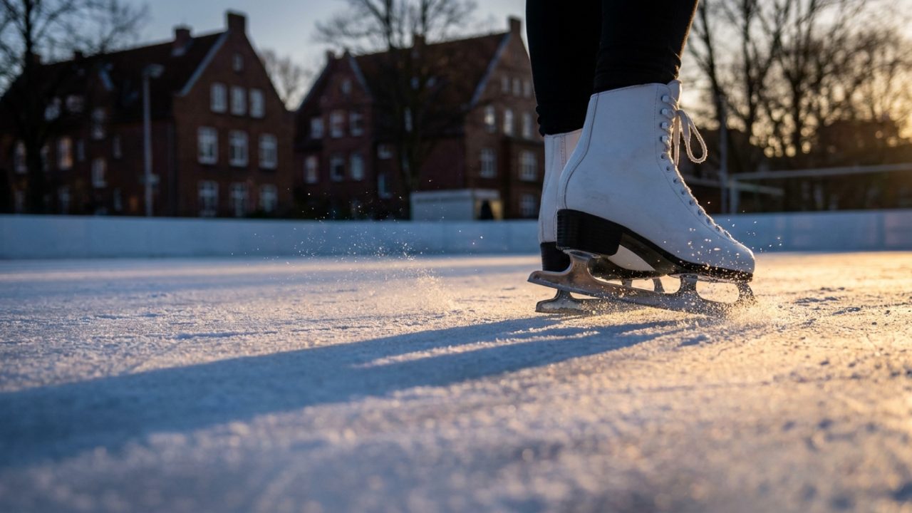 Schlittschuhkufen auf frisch aufbereitetem Eis im tiefen Winterlicht, im Hintergrund unscharf Hamburger Backsteinfassaden