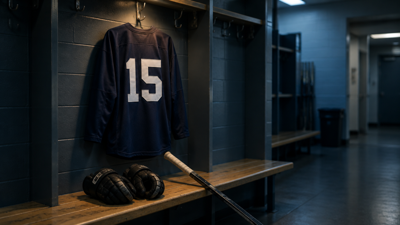 Dunkles Eishockeytrikot ohne Logo mit der Rückennummer 15 an einem Haken in einer leeren Kabine