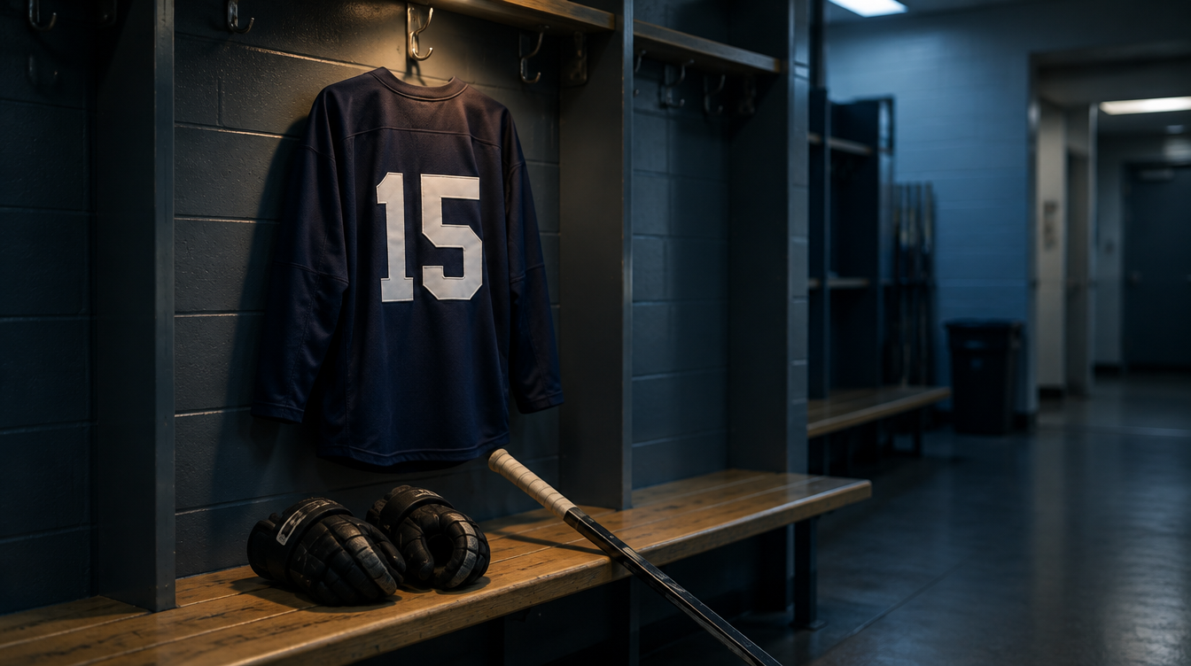 Dunkles Eishockeytrikot ohne Logo mit der Rückennummer 15 an einem Haken in einer leeren Kabine