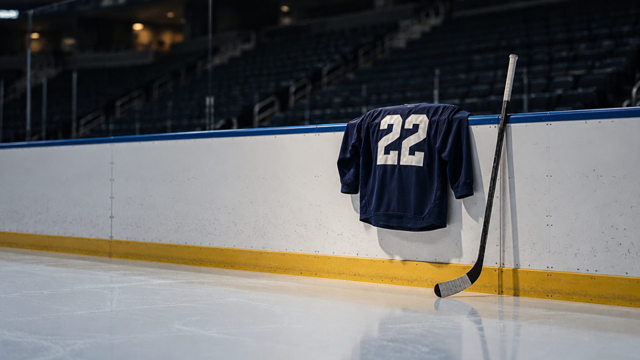 Dunkles Eishockeytrikot ohne Logo mit der Rückennummer 22 über der Bande einer leeren Eishalle