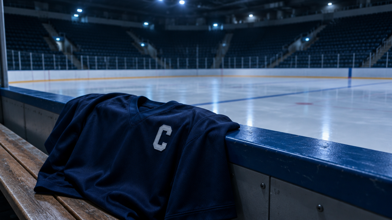 Leere Eisfläche in einer dunklen Arena, im Vordergrund ein generisches Eishockeytrikot mit Kapitänsbuchstaben C auf einer Spielerbank