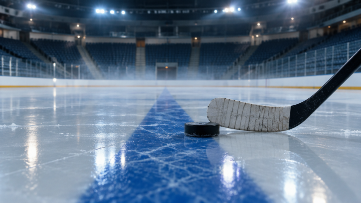 Leere Eisfläche einer Halle mit Schläger und Puck an der blauen Linie im kühlen Hallenlicht