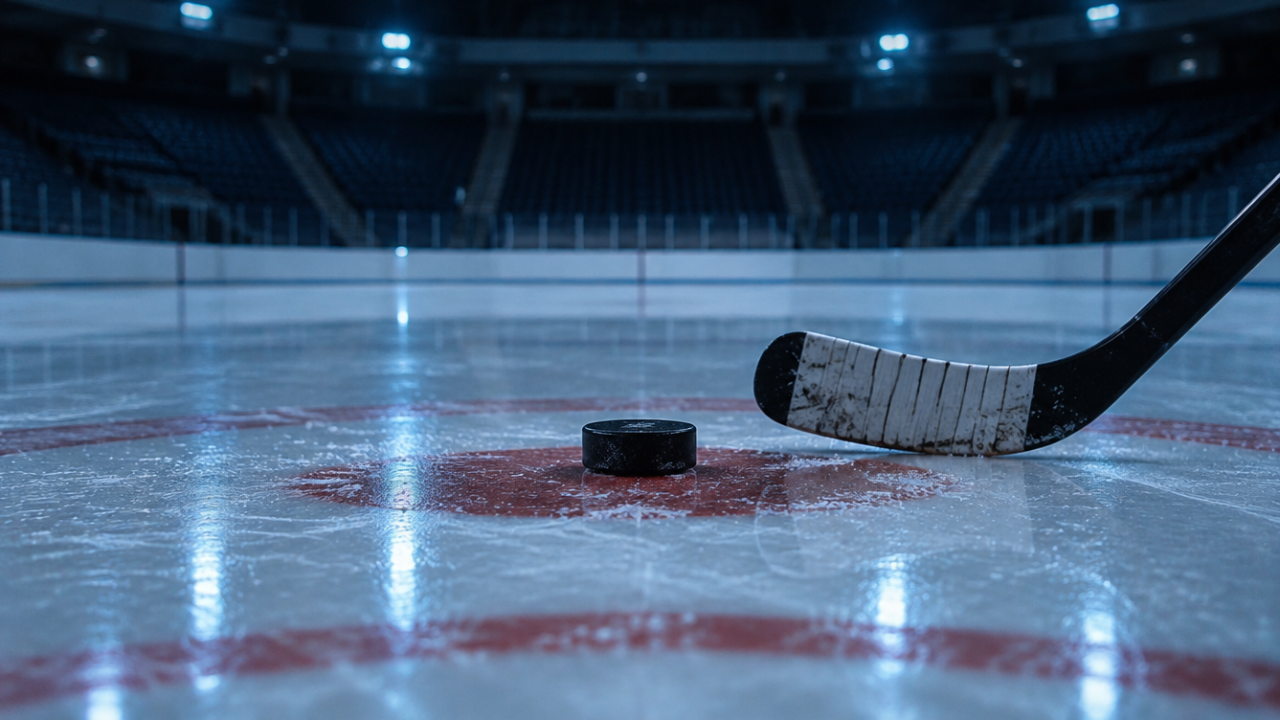 Anspielpunkt im Mittelkreis einer leeren Eisfläche mit Puck und Schlägerblatt im kühlen Hallenlicht