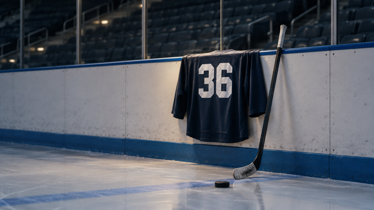 Dunkles Eishockeytrikot ohne Logo mit der Rückennummer 36 über der Bande einer leeren Eishalle