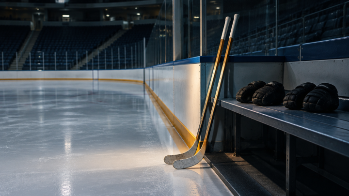 Zwei Eishockeyschläger lehnen nebeneinander an der Bande einer leeren Eishalle, darunter zwei Paar Handschuhe auf der Spielerbank