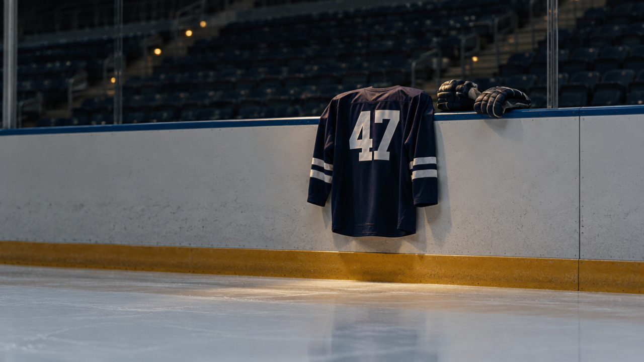 Dunkles Eishockeytrikot ohne Logo mit der Rückennummer 47 über der Bande einer leeren Eishalle