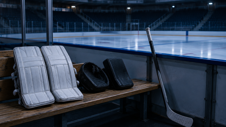 Torwart-Beinschienen, Fanghandschuh und Stockhand-Blocker auf einer Holzbank vor der leeren Eisfläche einer abgedunkelten Halle