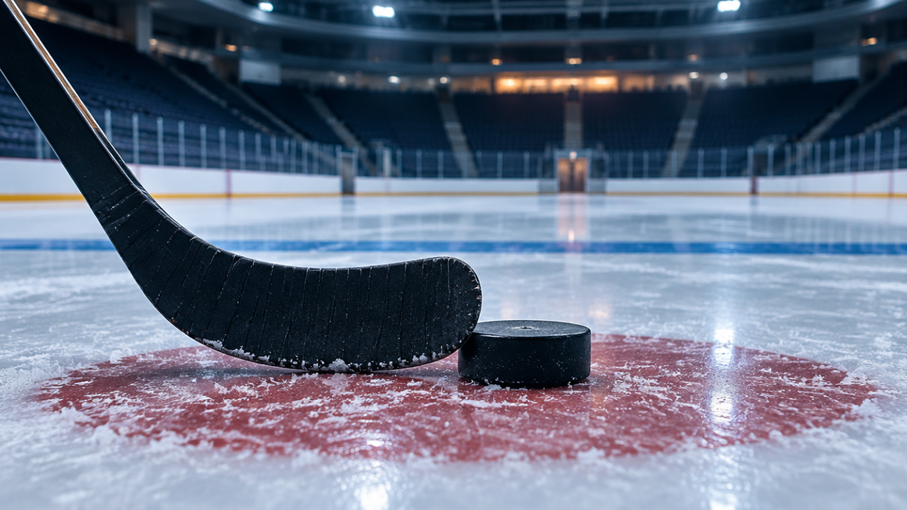 Eishockeyschläger und Puck am Bullykreis einer leeren Eishalle, kühles Hallenlicht