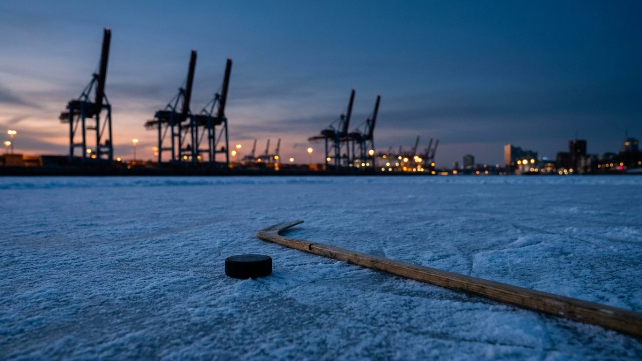 Eishockey-Puck und Schläger auf einer gefrorenen Eisfläche, im Hintergrund unscharf Hafenkräne an der Elbe zur blauen Stunde