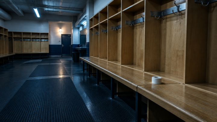 Leere Spielerkabine einer Eishalle mit Holzbank und leeren Kleiderhaken