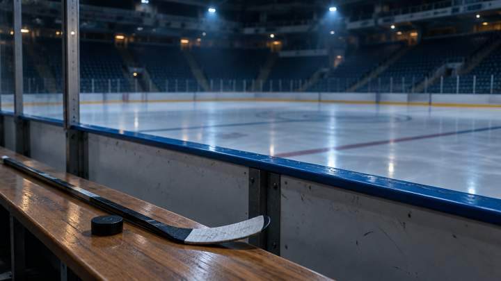 Eishockeyschläger und Puck auf einer Spielerbank vor leerer, frisch aufbereiteter Eisfläche in einer dunklen Halle