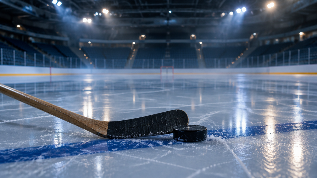 Leere Eishalle mit glänzender Eisfläche, ein Schläger und ein Puck liegen an der blauen Linie