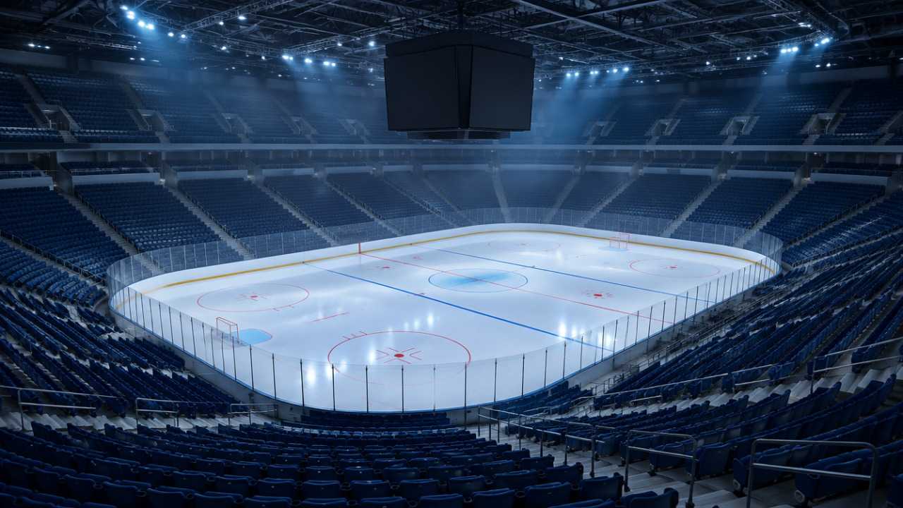 Leere Mehrzweckarena mit Eisfläche, Blick von der oberen Tribüne über blaue Sitzreihen auf das frisch gezogene Eis