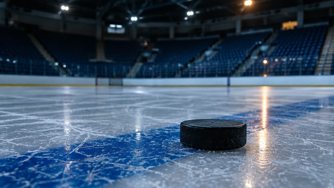 Eishockeypuck auf der blauen Linie einer gedimmten Eisfläche, im Hintergrund leere Ränge