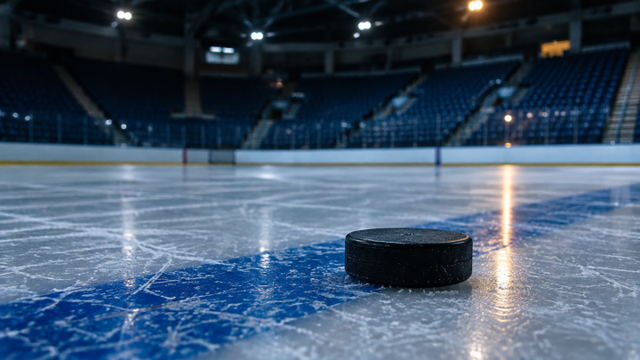 Eishockeypuck auf der blauen Linie einer gedimmten Eisfläche, im Hintergrund leere Ränge