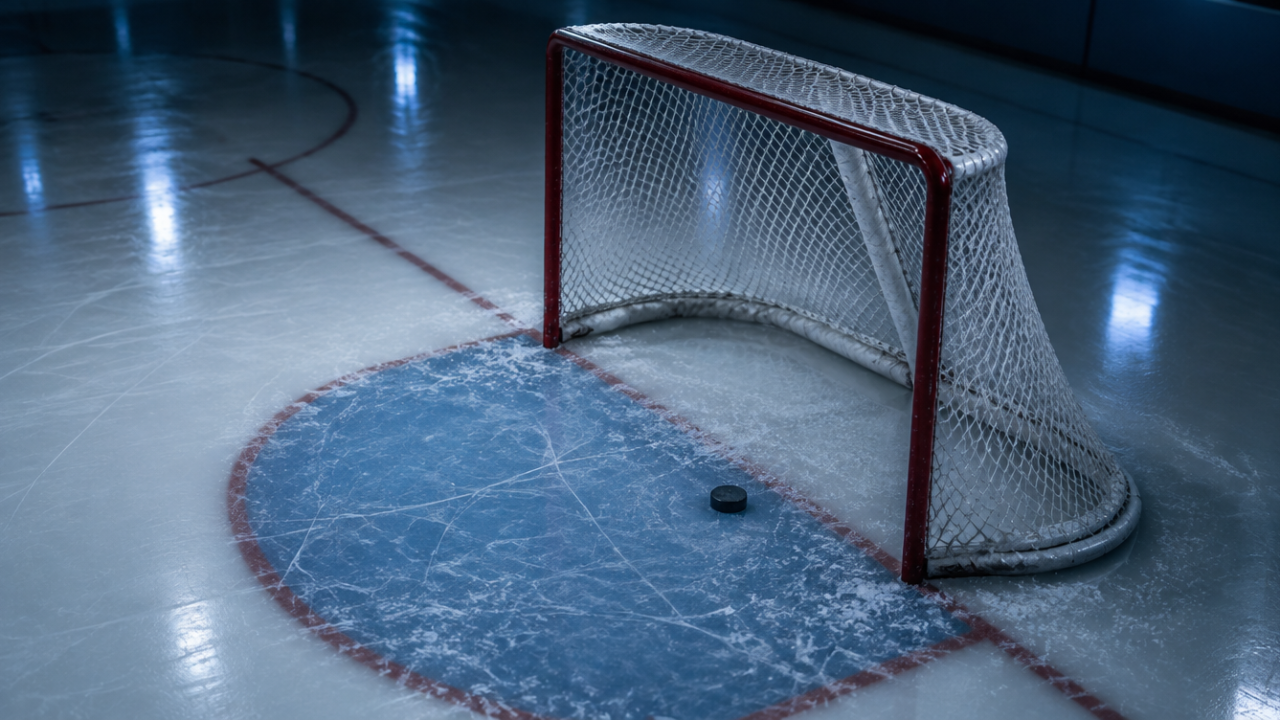 Leeres Eishockeytor von oben mit Puck im blau markierten Torraum auf frisch gezogenem Eis