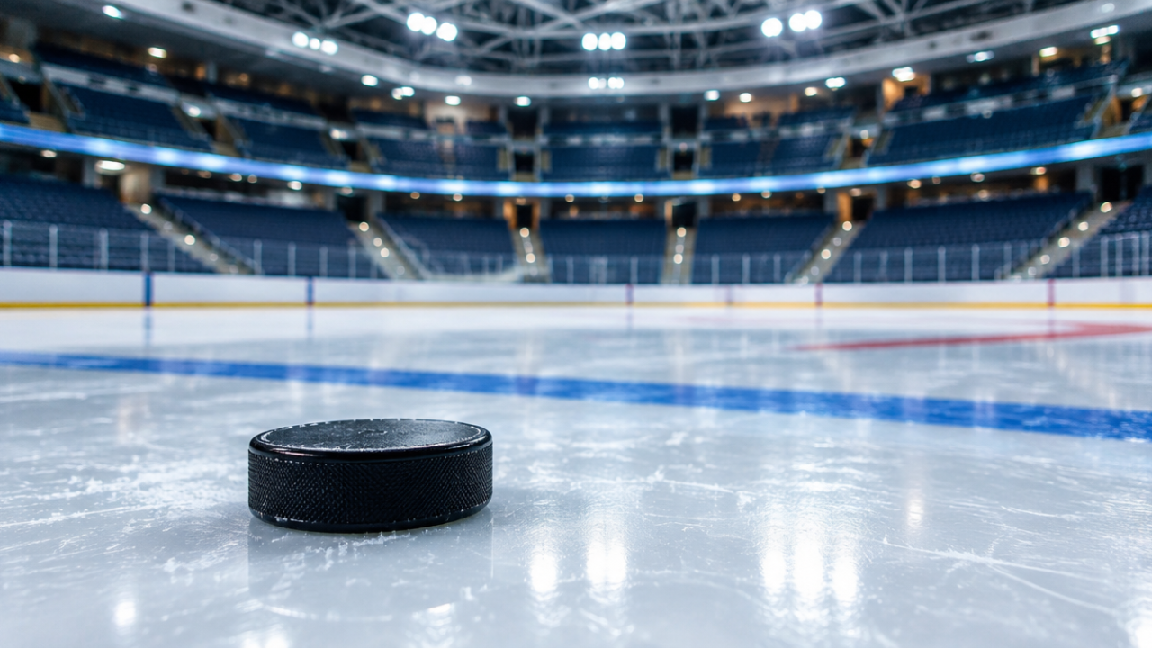 Eishockeypuck auf frischem Eis vor einer leeren, hell ausgeleuchteten Arena
