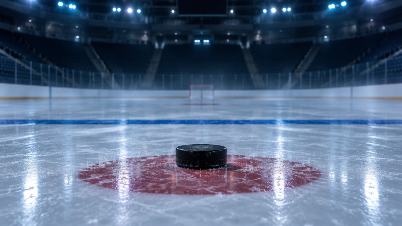Eisfläche einer leeren Eishalle mit Puck am Bullykreis, im Hintergrund dunkle Ränge