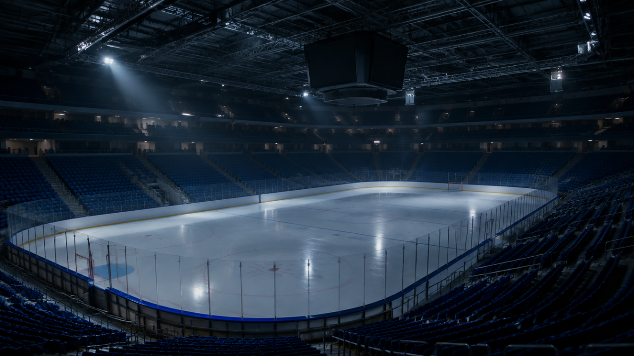 Leere Eishalle mit unberührter Eisfläche und gedimmtem Licht über leeren Sitzreihen