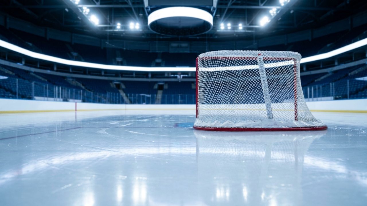 Eishockeytor mit Netz auf frisch präparierter Eisfläche in einer hell beleuchteten Arena