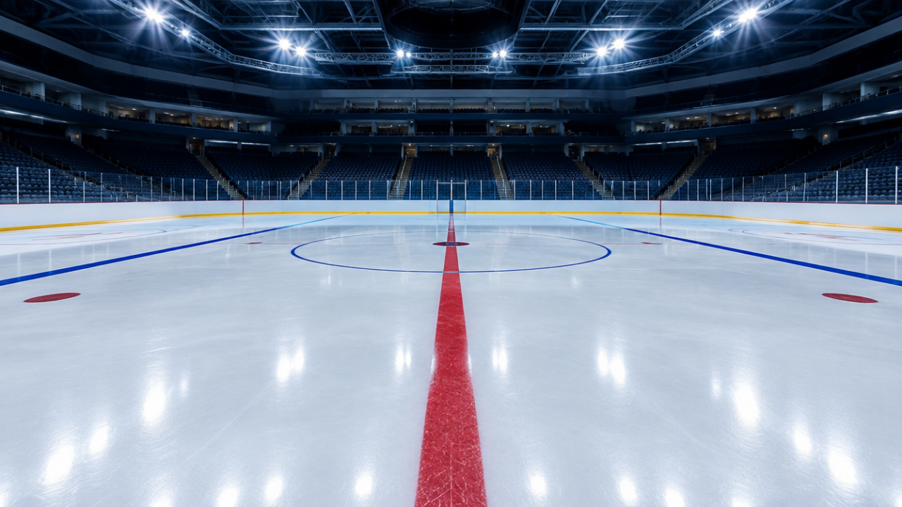 Leere Eisfläche einer Arena kurz vor Saisonbeginn mit frisch gezogenen roten und blauen Linien