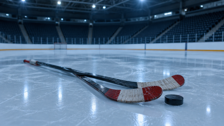 Zwei gekreuzte Eishockeyschläger mit rot-weißem Tape und ein Puck auf frischem Eis in einer leeren Halle