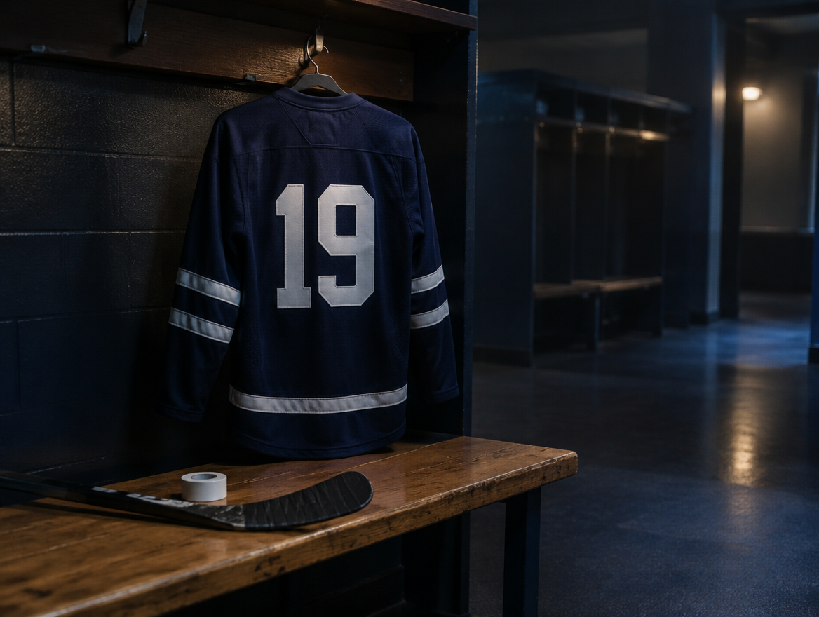 Dunkles Eishockeytrikot ohne Logo mit der Rückennummer 19 an einem Haken in einer leeren Umkleide