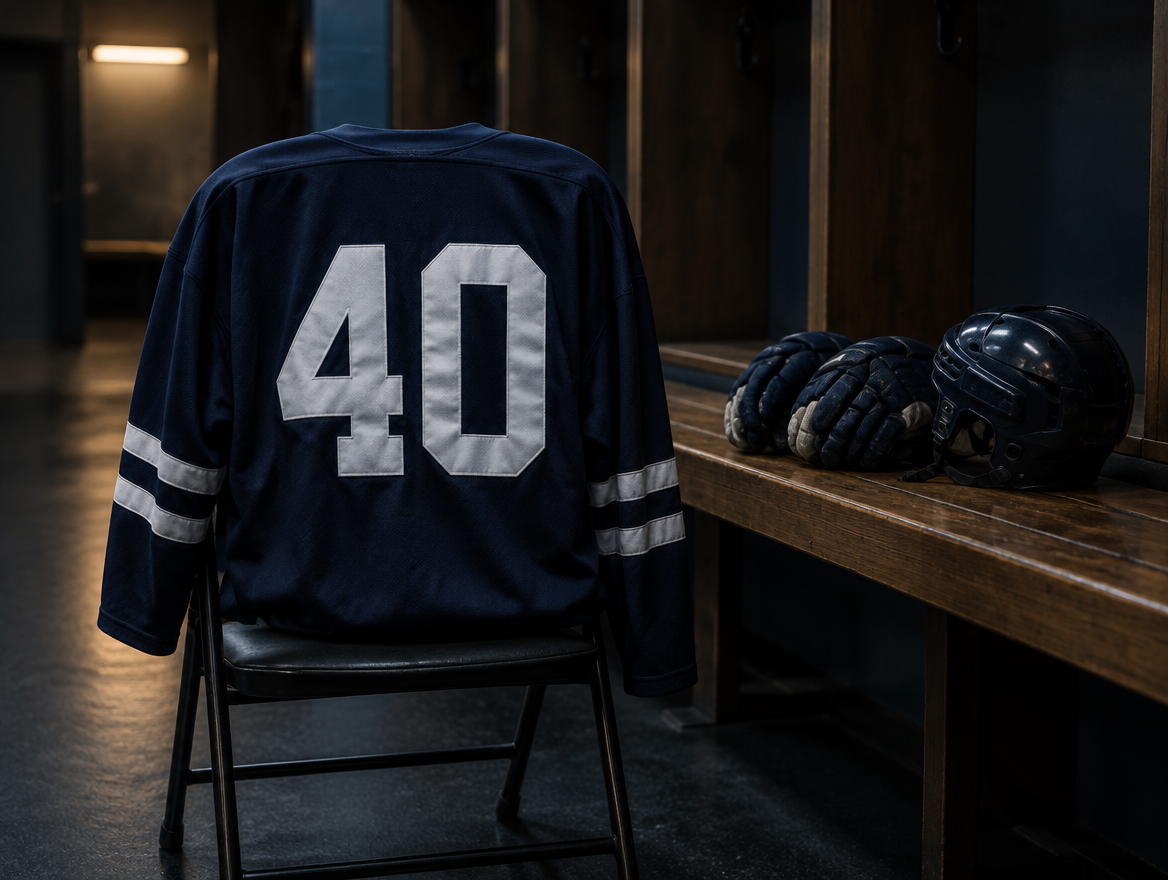 Dunkles Eishockeytrikot ohne Logo mit der Rückennummer 40 in einer leeren Umkleide