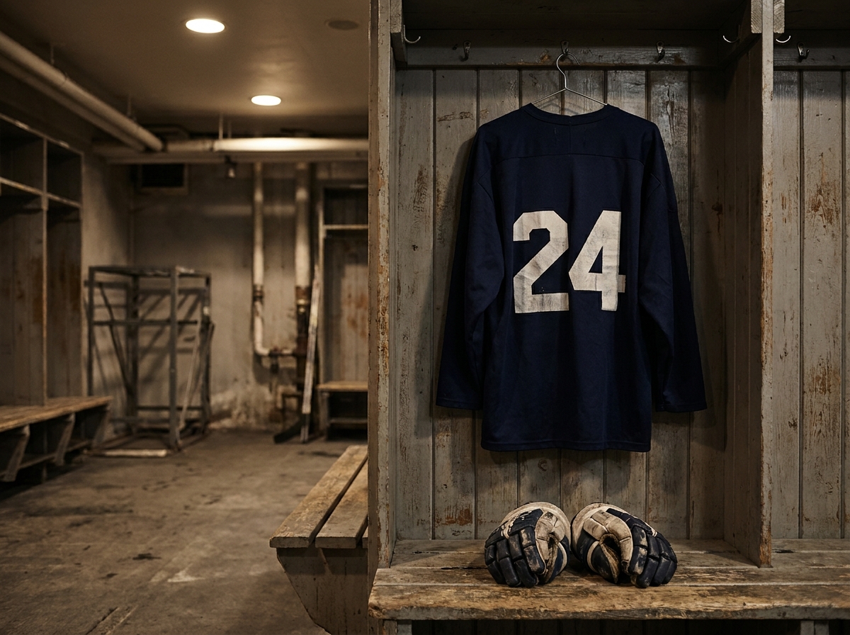 Generisches dunkles Eishockeytrikot ohne Logo mit der Rückennummer 24 an einem Haken in einer Umkleidekabine