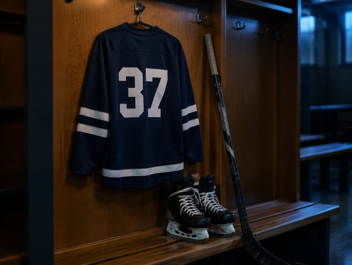 Dunkles Eishockeytrikot ohne Logo mit der Rückennummer 37 an einer Kabinenwand