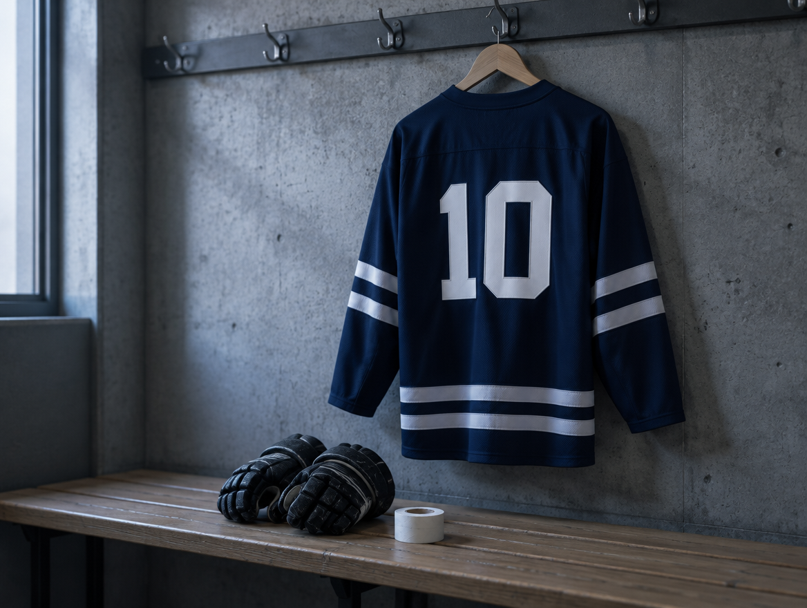Dunkles Eishockeytrikot ohne Logo mit der Rückennummer 10 auf einem Bügel in einer leeren Kabine